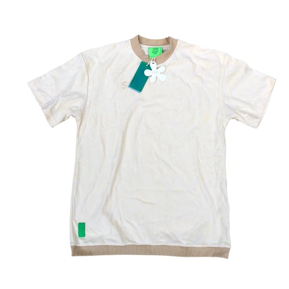CASH BY CASH APP Fuzzy Terry Cloth Shirt MED Men's Short Sleeve Beige Top NWT​